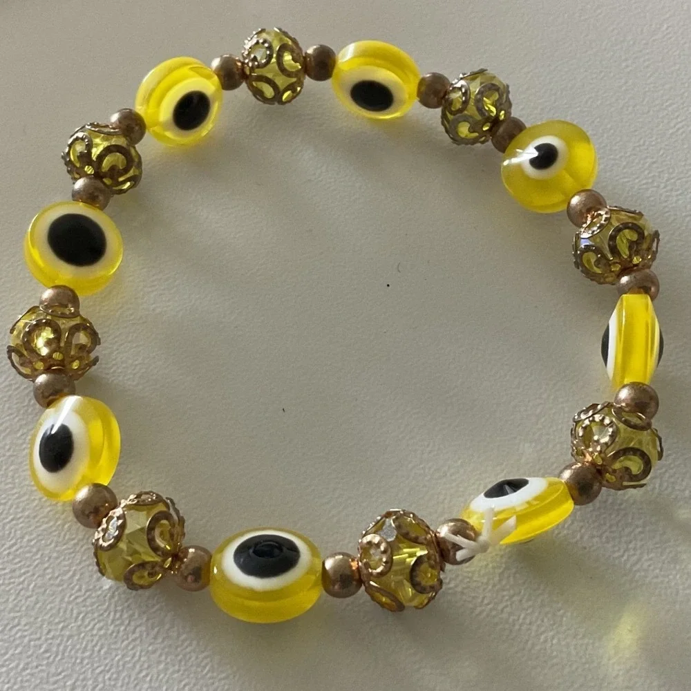 Alex and Ani Yellow Evil Eye Beaded Stretch Bracelet Gold Tone Filigree NWOT